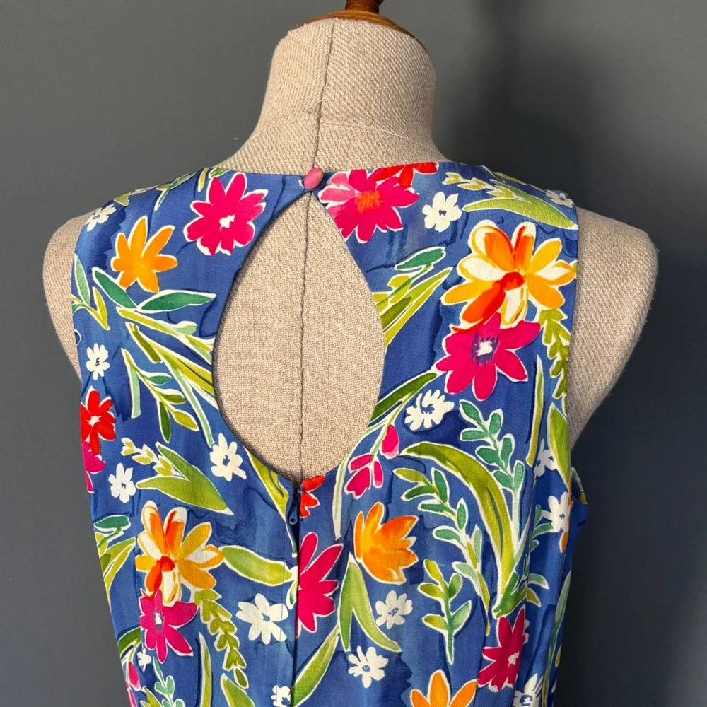 Maggy London Silk Floral Sheath Dress | Sz 6 | Blue Tropical Keyhole Back - Picture 5 of 8